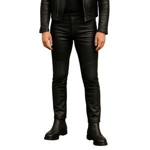 Belstaff Black Biker Pants Size 29 Moto-Inspired Stretch Denim Ribbed Knee Waxed